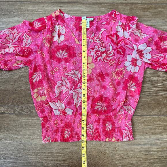 Joie Semi Sheer Pink Floral Top Womens Sz Medium Smocked Waist Cottagecore Boho - Picture 5 of 12